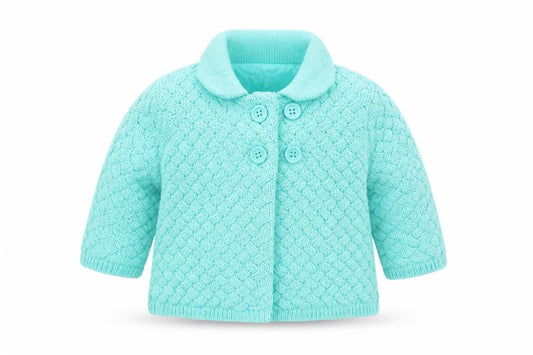 Front view of Mini Club Baby Blue Knit Jacket Coatigan, size 0-3, Months