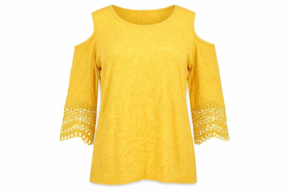 Front view of Soon women’s yellow jumper, size UK 14, - cold shoulder