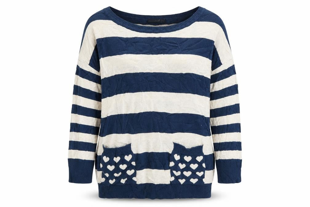 Front view of Atmosphere women’s blue striped jumper, size UK 12