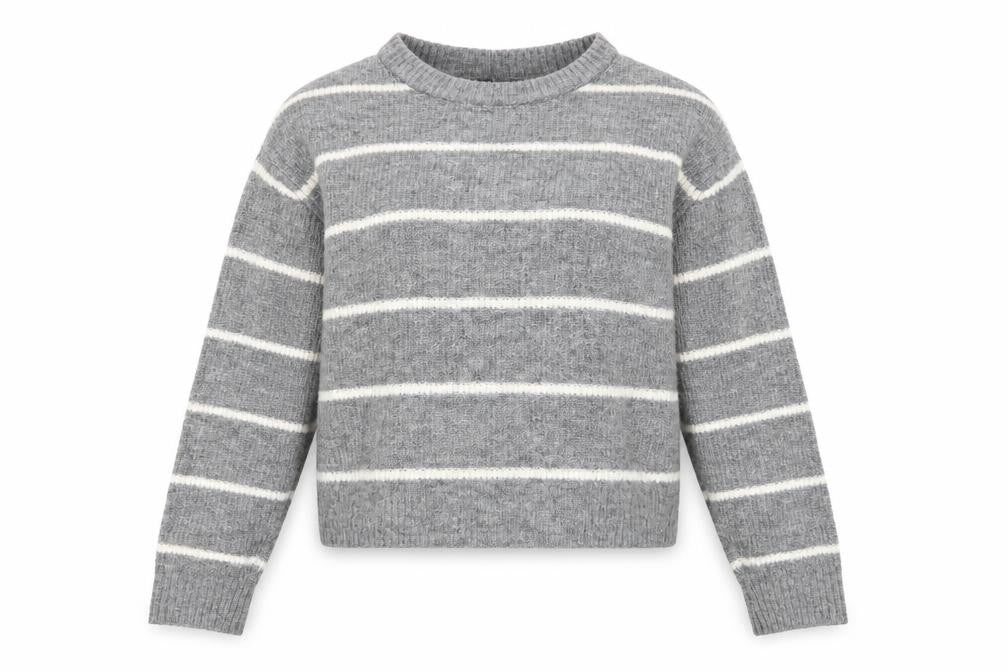 Front view of H&M women’s grey striped jumper, size S