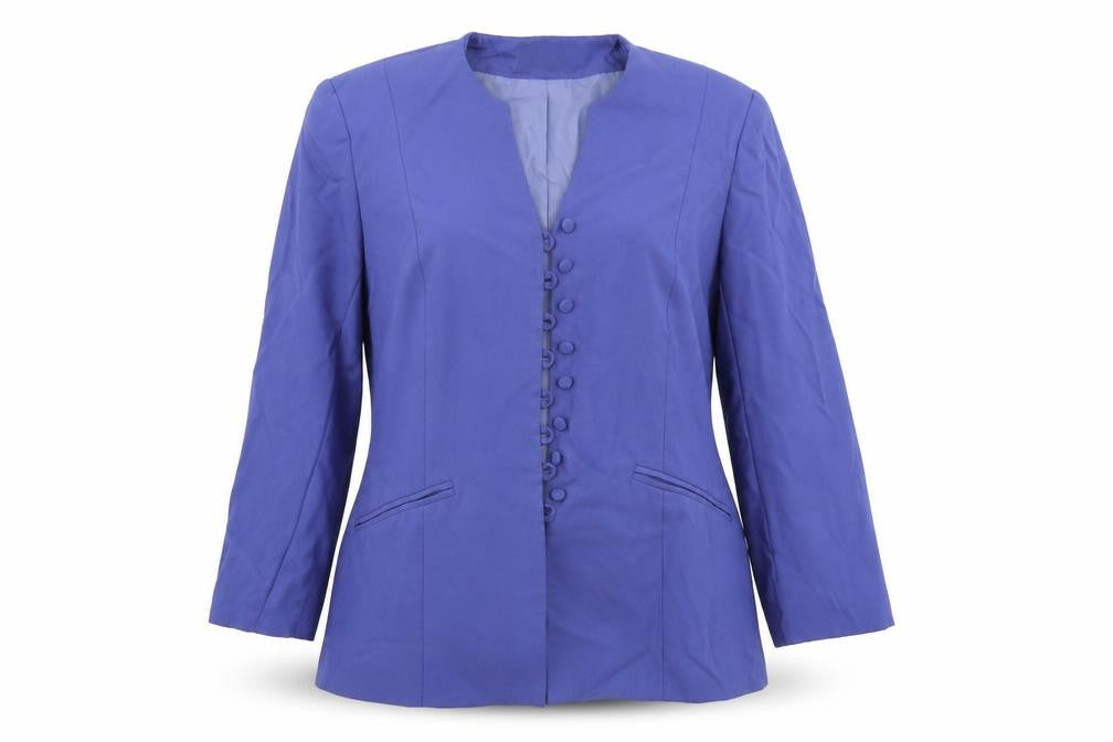 Front view of shubette women’s blue jacket coat, size UK 16