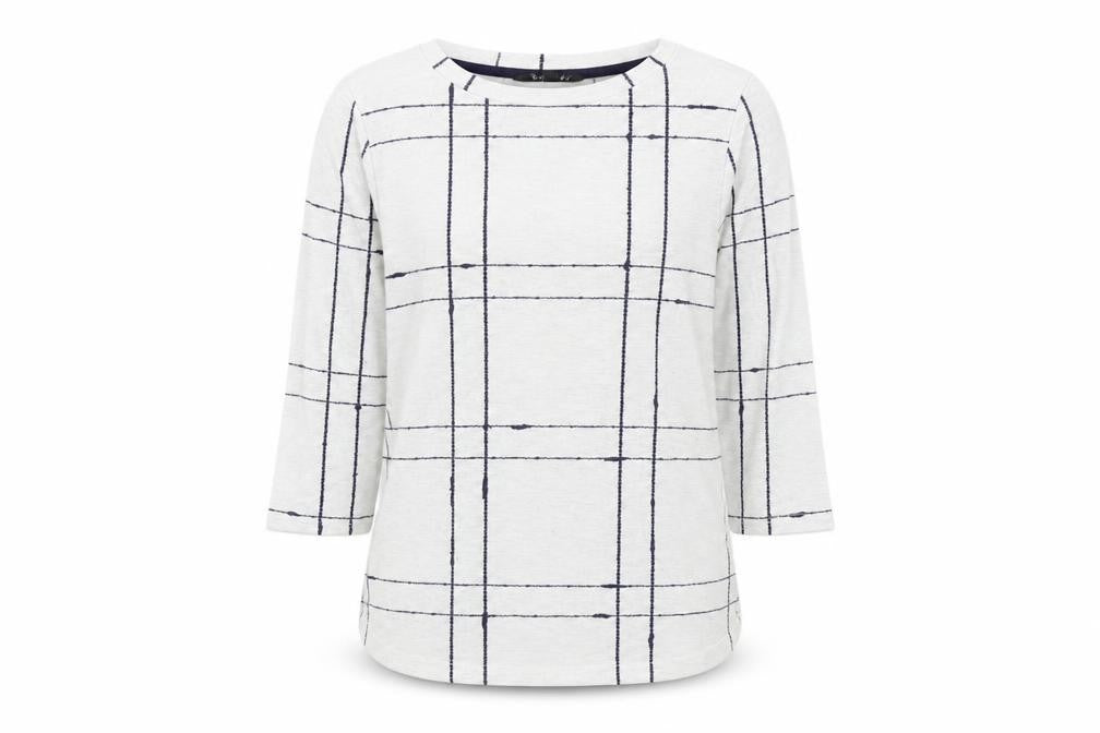 Front view of Bonmarché women’s white check jumper, size UK 12