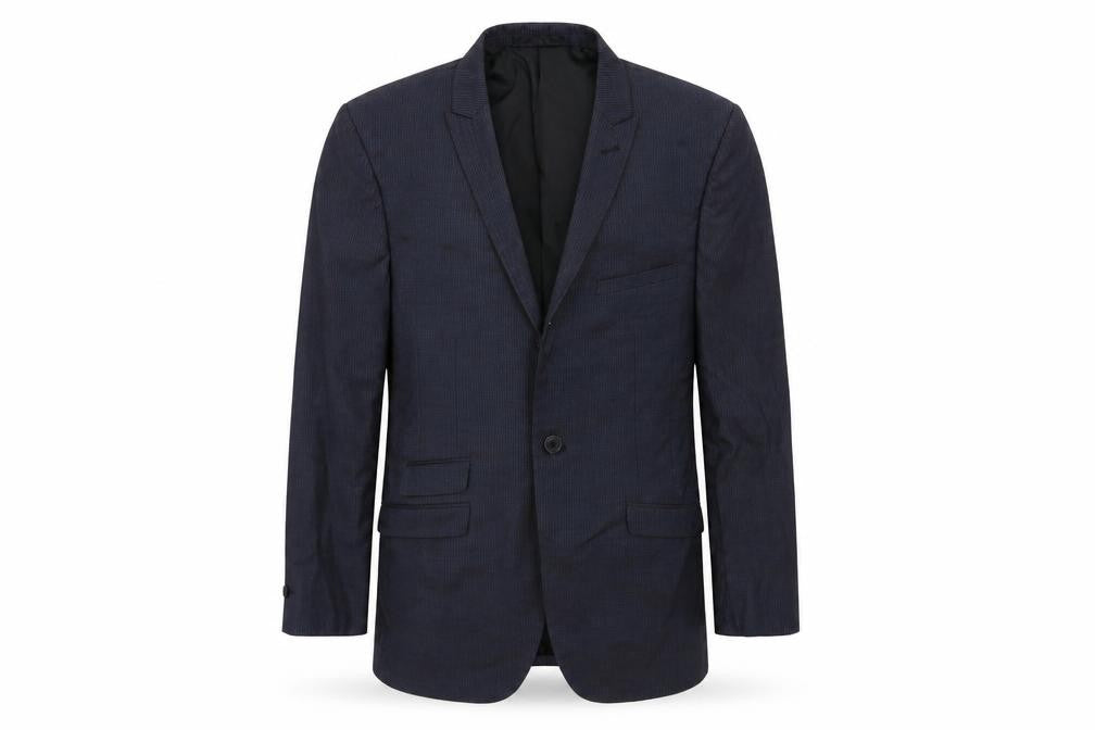 Front view of 165 men’s blue striped jacket suit jacket, size 38