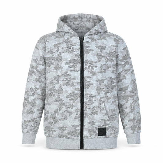 Front view of F&F girls’ grey camouflage jacket, size 9, years