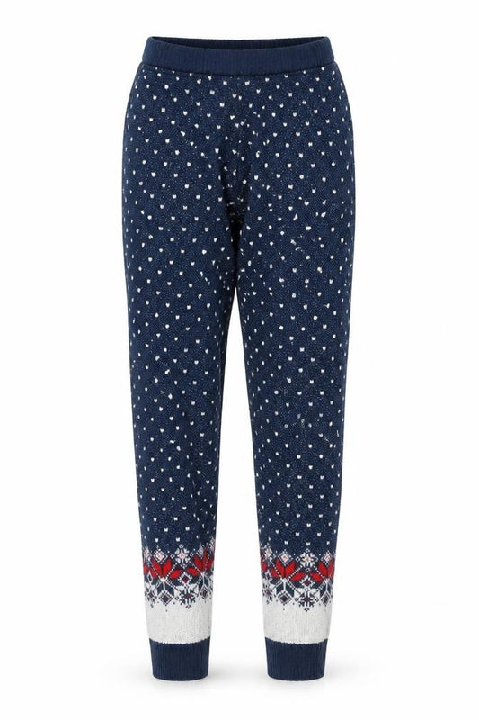 Front view of ASOS women’s blue polka dot knit sweatpants, size UK 8, 26-inch leg