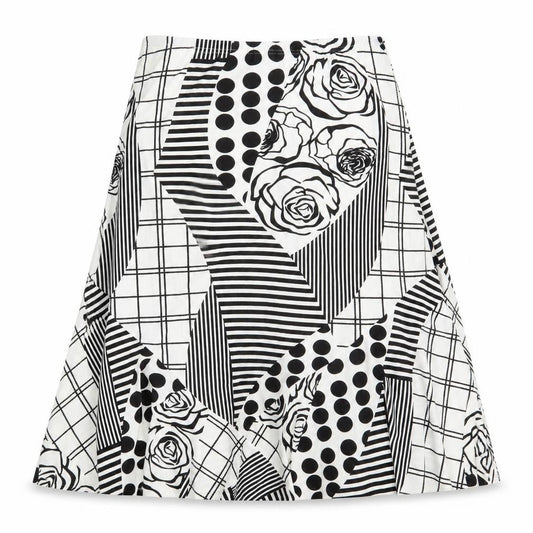 Front view of Preworn women’s white polka dot swing skirt, size UK 28, in