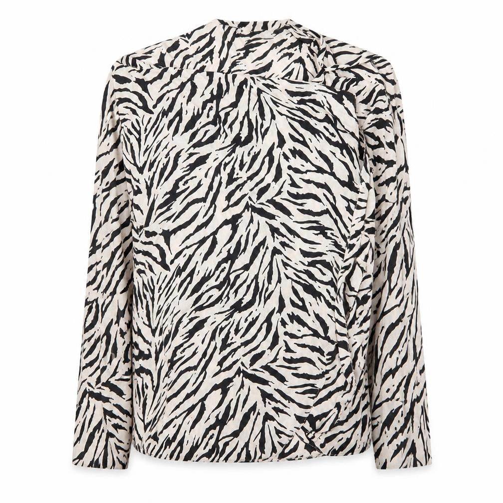 Front view of Preworn women’s black animal print basic blouse, size UK 8, - 9