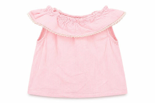 Front view of Primark girls’ pink striped basic t-shirt, size 9-12, months