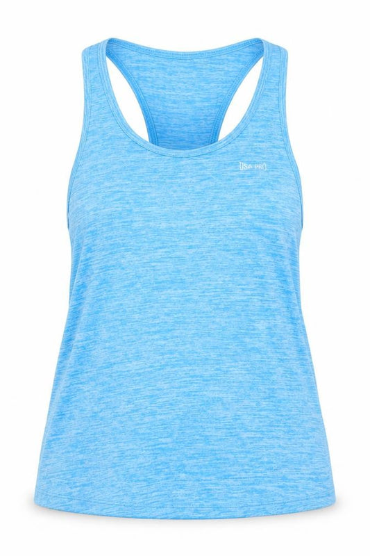 Front view of USA Pro women’s blue basic tank, size UK 10