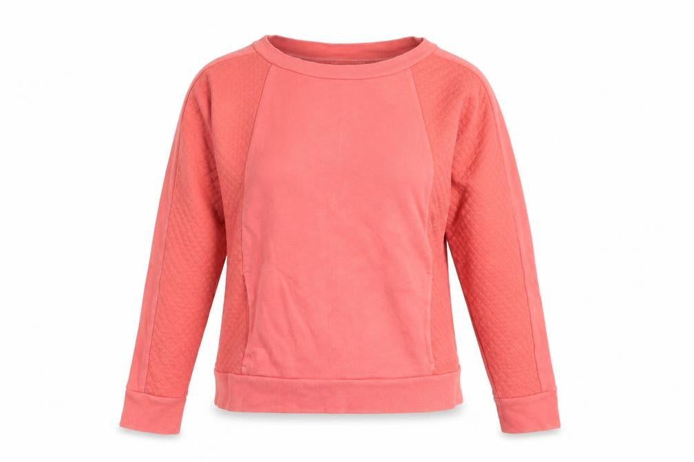 Front view of NINETEEN TWENTY ONE women’s orange pullover sweatshirt, size S