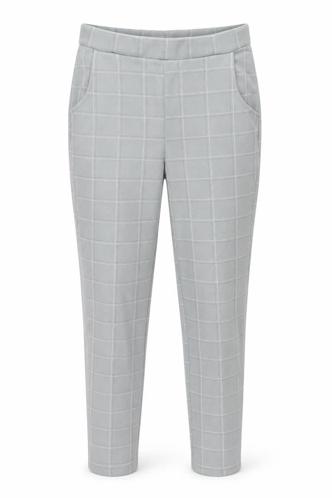Front view of PRETTYLITTLETHING women’s grey check trousers, size UK 10, 26-inch leg