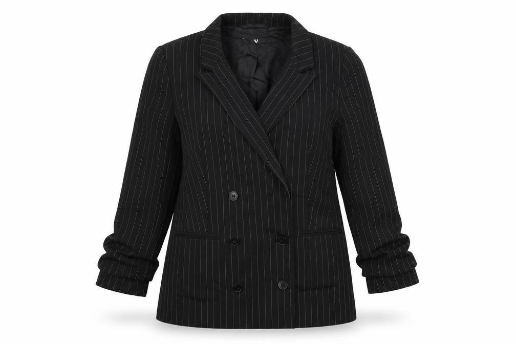 Front view of Very women’s black striped jacket blazer, size UK 12
