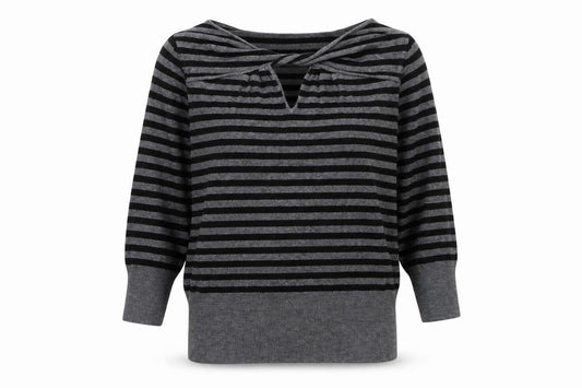 Front view of Debenhams women’s grey striped knit jumper, size UK 12