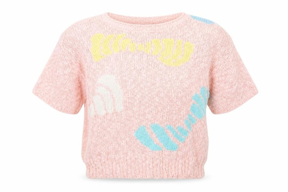 Front view of Trendy women’s pink knit jumper, size M