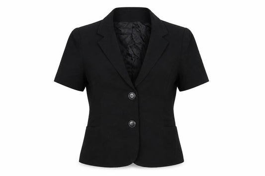 Front view of EWM women’s black crepe jacket, size UK 10