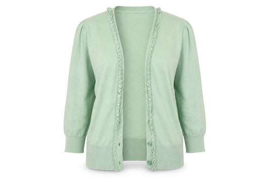 Front view of Bassini women’s green knit basic button-up, size UK 12