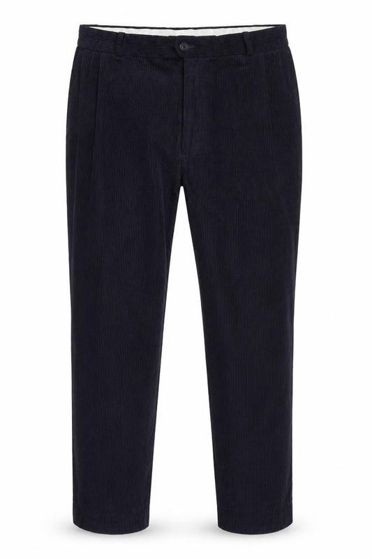 Front view of Premier MAN men’s blue corduroy chino trousers, size 44, in, 24-inch leg