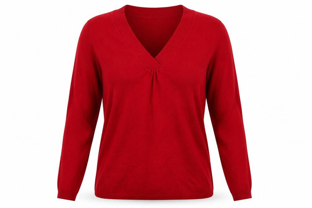 Front view of Moda women’s red jumper, size UK 12