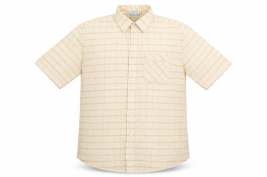 Front view of Leisure men’s beige check button-up, size XL