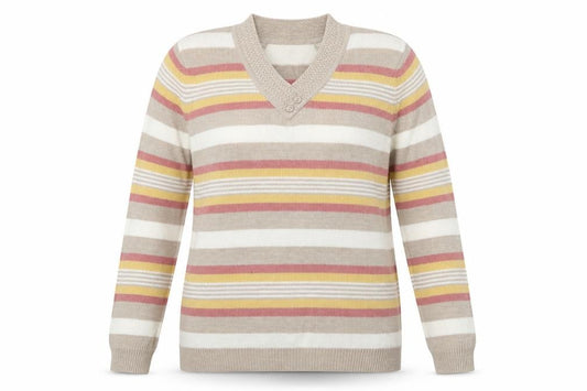 Front view of Isle Essentials women’s multicoloured striped basic t-shirt, size S