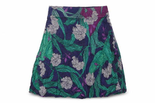Front view of Preworn women’s green floral flare skirt, size UK 34, in