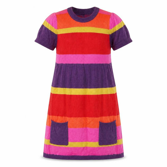 Front view of John Lewis girls’ multicoloured striped jumper dress, size 5, years