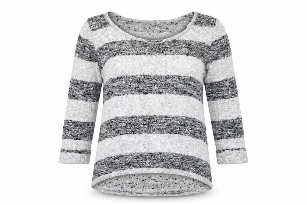 Front view of New Look women’s grey striped jumper, size UK 8