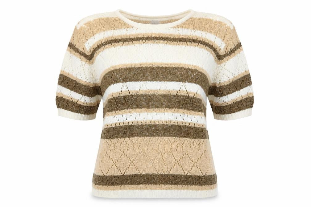 Front view of Preworn women’s brown striped knit jumper, size UK 12