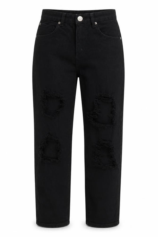 Front view of Boohoo women’s black denim mom jeans, size UK 6, 27-inch leg