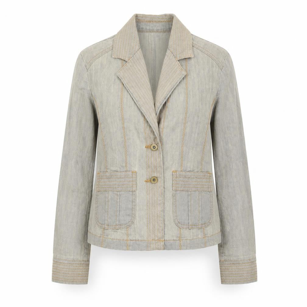 Front view of Equition women’s grey denim jacket, size UK 8