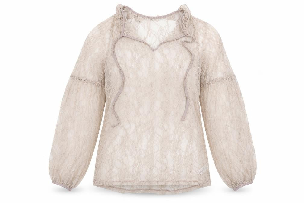 Front view of Next women’s beige lace basic blouse, size UK 12