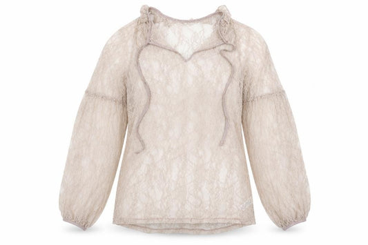 Front view of Next women’s beige lace basic blouse, size UK 12