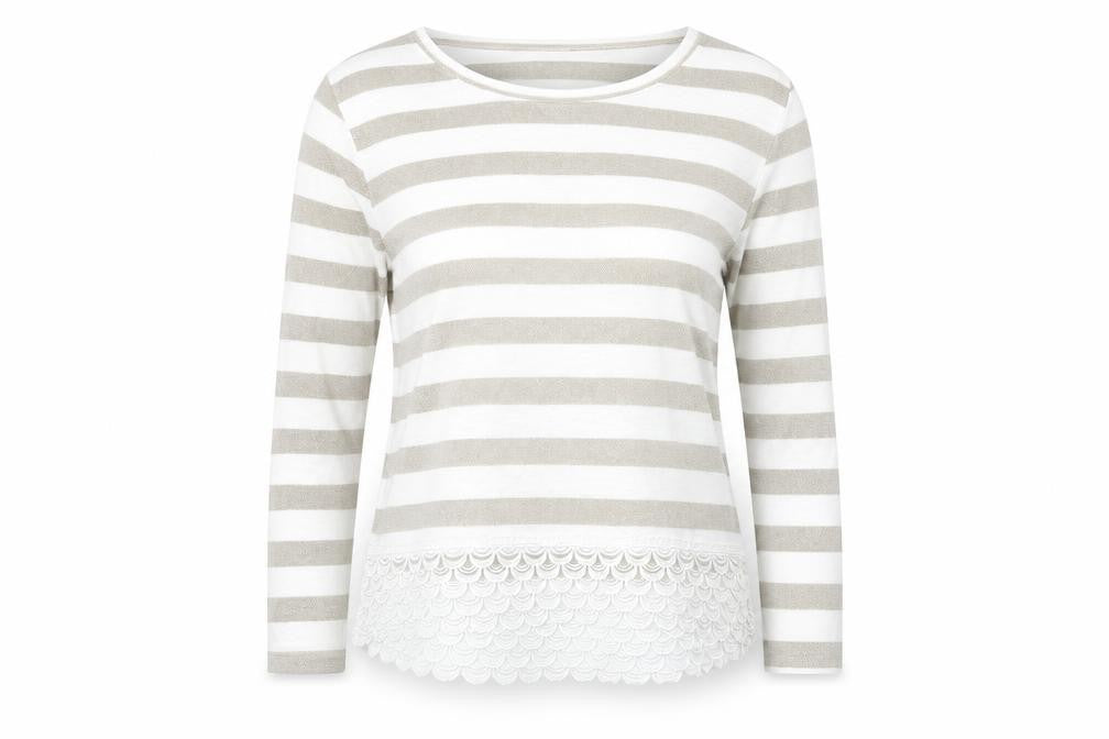 Front view of Dorothy Perkins women’s beige striped jumper, size UK 14
