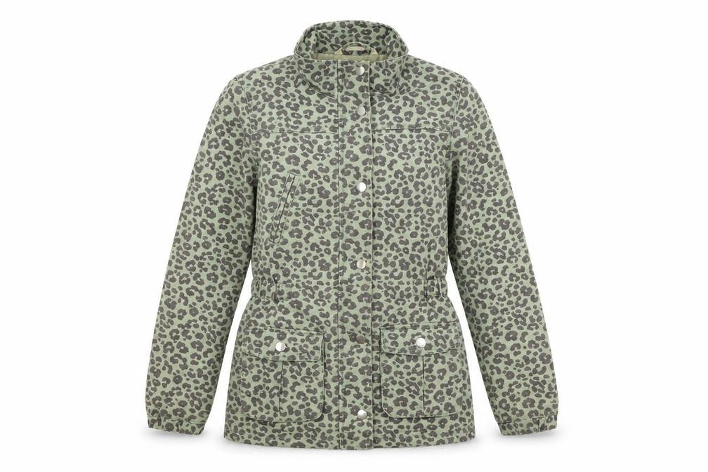 Front view of H&M women’s green animal print overcoat coat, size UK 8