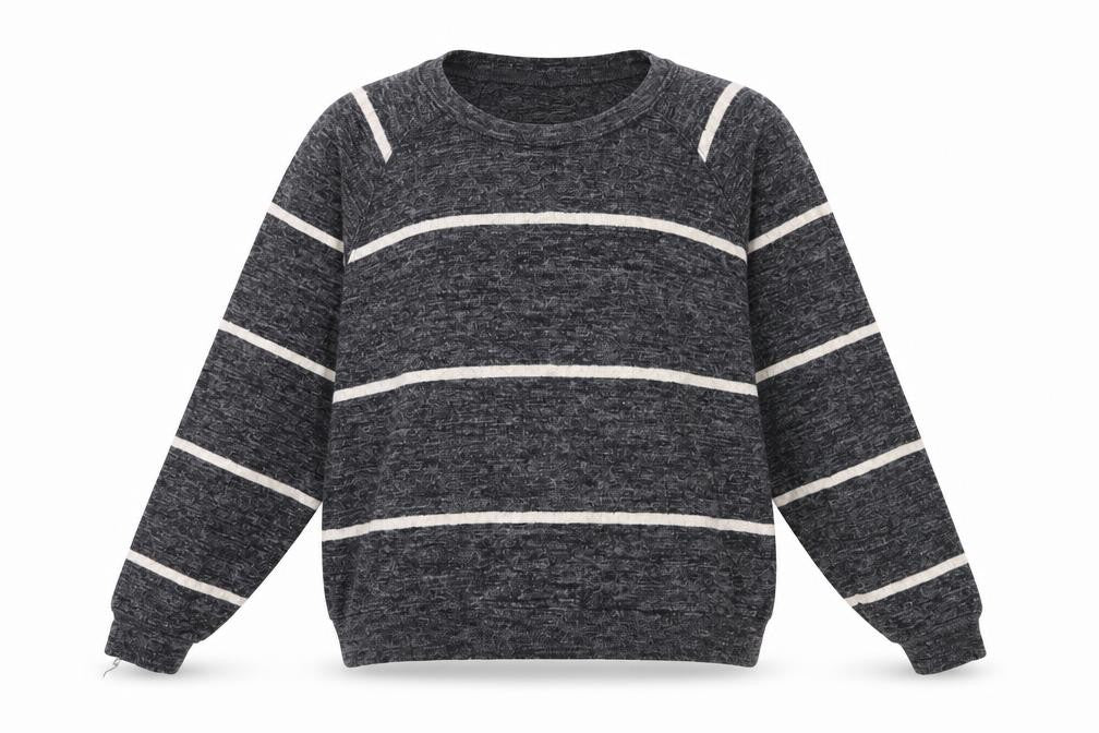 Front view of H&M women’s grey striped knit jumper, size XS
