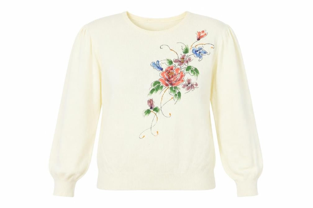 Front view of MINT JULEP women’s white floral knit jumper, size L