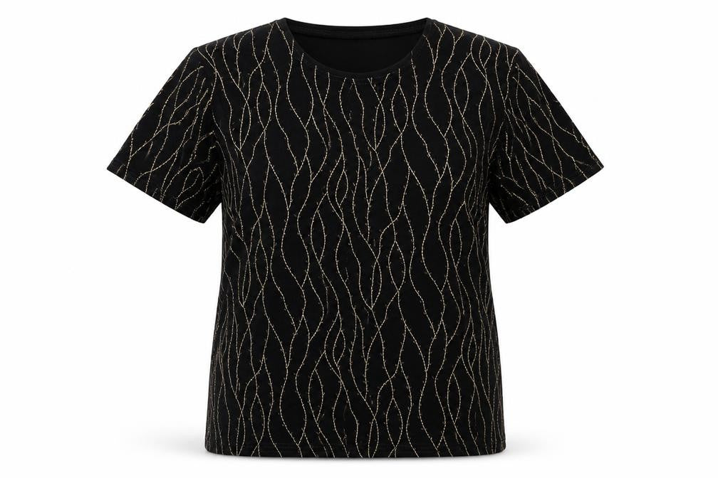 Front view of LINDA JAYNE women’s black basic t-shirt, size UK 8