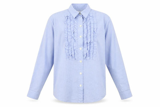 Front view of Le Comte men’s blue button-up, size 14