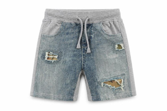 Front view of Just Kids boys’ green geometric jersey sweat shorts, size 4-5, years