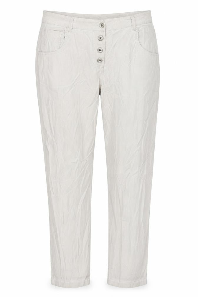 Front view of Preworn women’s grey trousers, size UK 34, in, 30-inch leg