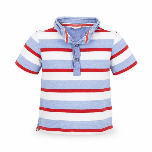 Front view of Mini Club Baby White Striped Basic Polo, size 12-18, Months