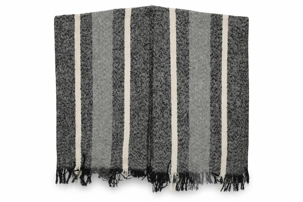 Front view of Preworn unisex black striped shawl/wrap