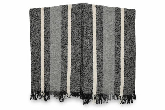 Front view of Preworn unisex black striped shawl/wrap