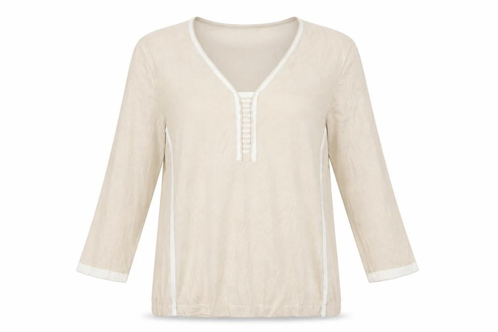 Front view of faber women’s beige basic blouse, size UK 12