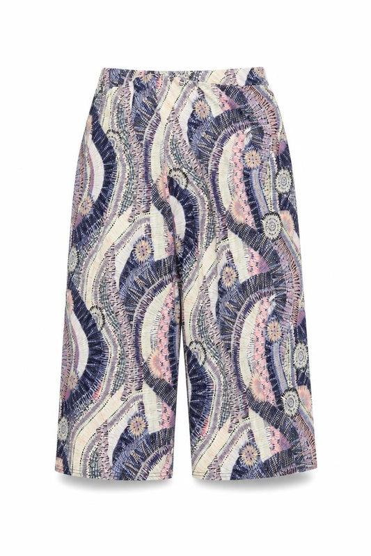 Front view of Preworn women’s blue geometric cropped trousers, size S, 29-inch leg