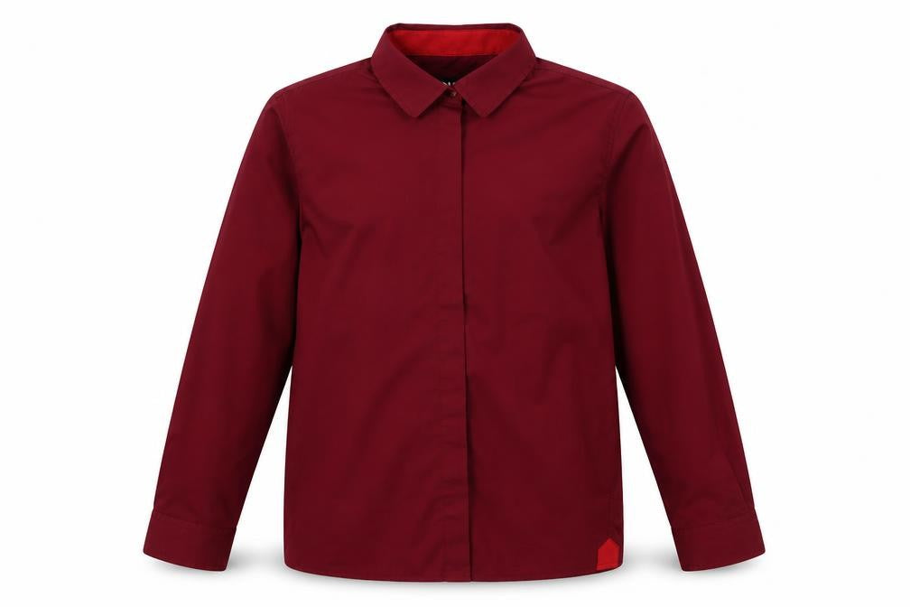 Front view of NYC GB boys’ red basic button-up, size 12, years