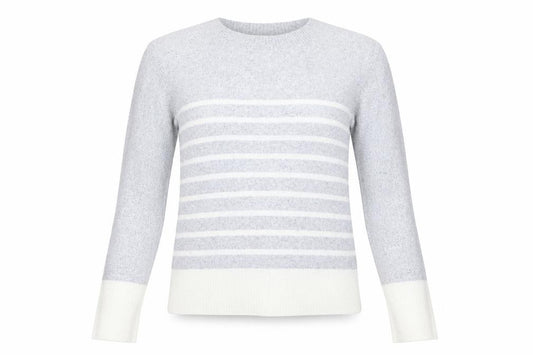 Front view of Oasis women’s grey striped jumper, size XS