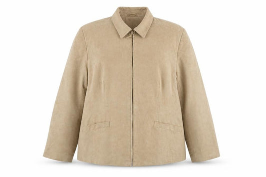 Front view of EWM women’s beige jacket, size UK 18
