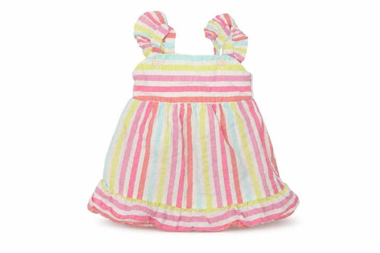 Front view of F&F girls’ multicoloured striped a-line, size 6-9, months
