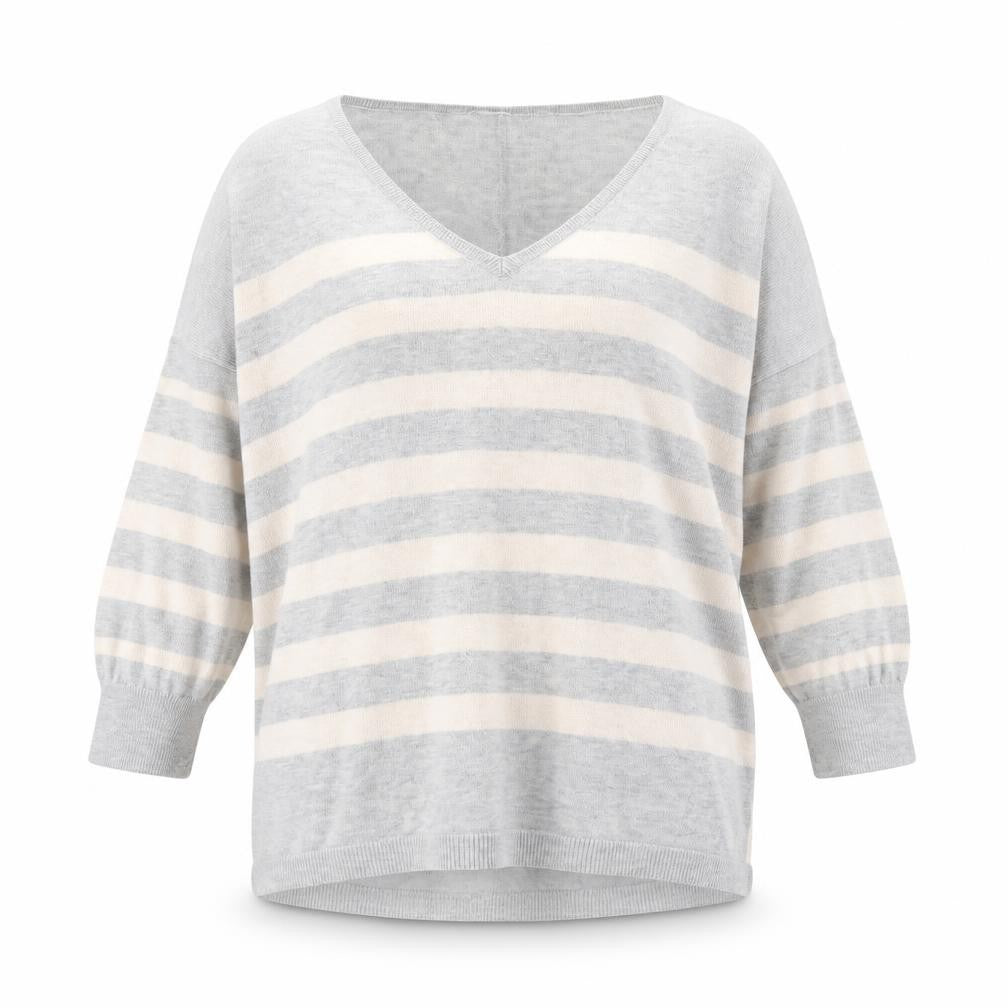 Front view of Oasis women’s grey striped jumper, size M